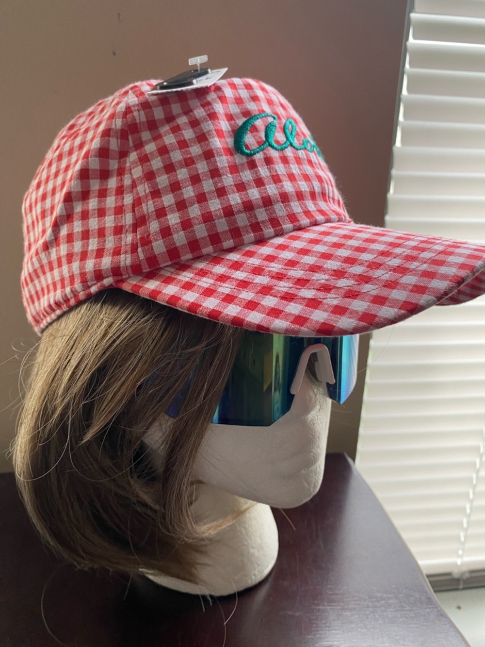 Old Navy Red Gingham Hat with Green Aloha Embroidery